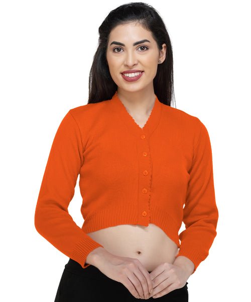 FEMULA V- Neck Women Full Sleeves Stitched Ready to Wear Woolen Blouse ( Orange )