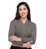 FEMULA V- Neck Women Full Sleeves Stitched Ready to Wear Woolen Blouse ( Ash Grey )
