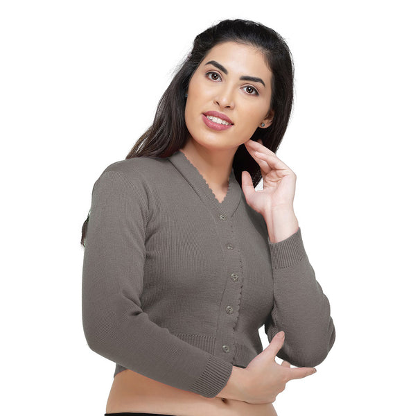 FEMULA V- Neck Women Full Sleeves Stitched Ready to Wear Woolen Blouse ( Ash Grey )