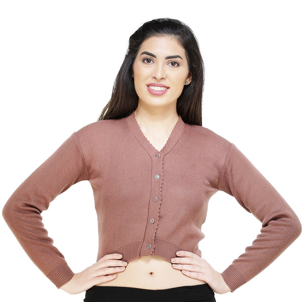 FEMULA V- Neck Women Full Sleeves Stitched Ready to Wear Woolen Blouse ( Caramel Brown )