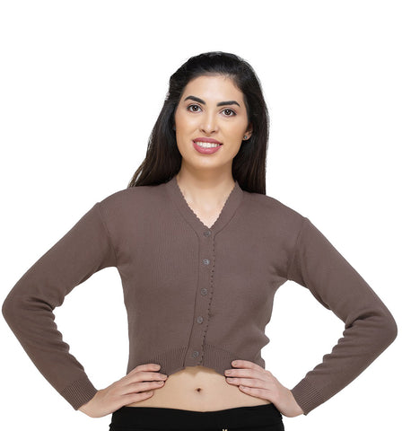 FEMULA V- Neck Women Full Sleeves Stitched Ready to Wear Woolen Blouse ( Dark Mouse Brown )