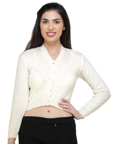 FEMULA V- Neck Women Full Sleeves Stitched Ready to Wear Woolen Blouse ( Ivory )