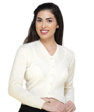 FEMULA V- Neck Women Full Sleeves Stitched Ready to Wear Woolen Blouse ( Ivory )