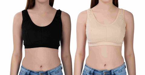 FEMULA Sania Low Impact, Non-Padded, Wirefree, Stretch Cotton Sports Vest Bra for Girls & Women ( 1 Pc each of Beige & Black Colour )