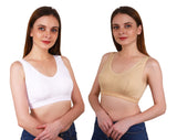 FEMULA Sania Low Impact, Non-Padded, Wirefree, Stretch Cotton Sports Vest Bra for Girls & Women ( 1 Pc each of Beige & White Colour )