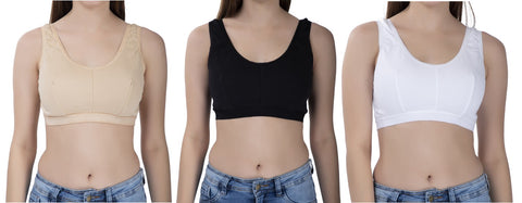 FEMULA Sania Low Impact, Non-Padded, Wirefree, Stretch Cotton Sports Vest Bra for Girls & Women ( A Set Of 3Pcs, one Pc each of Beige, Black & White  Colour )