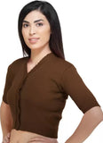 FEMULA V-Neck, Half Sleeves, Solid Color, Woolen Ready to Wear Blouse ( Tobacco Brown )