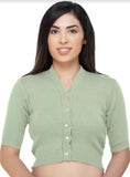 FEMULA V-Neck, Half Sleeves, Solid Color, Woolen Ready to Wear Blouse ( Pista )