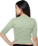 FEMULA V-Neck, Half Sleeves, Solid Color, Woolen Ready to Wear Blouse ( Pista )