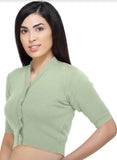 FEMULA V-Neck, Half Sleeves, Solid Color, Woolen Ready to Wear Blouse ( Pista )