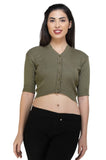 FEMULA V-Neck, Half Sleeves, Solid Color, Woolen Ready to Wear Blouse ( Olive Green )