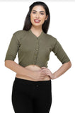 FEMULA V-Neck, Half Sleeves, Solid Color, Woolen Ready to Wear Blouse ( Olive Green )