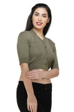 FEMULA V-Neck, Half Sleeves, Solid Color, Woolen Ready to Wear Blouse ( Olive Green )