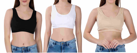 FEMULA Sindhu High Coverage, Low Impact, Non-Padded, Stretch Cotton Sports Vest Bra for Girls & Women ( A Set Of 3Pcs, one Pc each of Beige, Black & White  Colour )