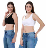 FEMULA Sindhu High Coverage, Low Impact, Non-Padded, Stretch Cotton Sports Vest Bra for Girls & Women ( 1Pc each of Black & White  Colour )