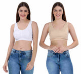 FEMULA Sindhu High Coverage, Low Impact, Non-Padded, Stretch Cotton Sports Vest Bra for Girls & Women ( 1Pc each of Beige & White  Colour )
