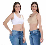 FEMULA Sindhu High Coverage, Low Impact, Non-Padded, Stretch Cotton Sports Vest Bra for Girls & Women ( 1Pc each of Beige & White  Colour )