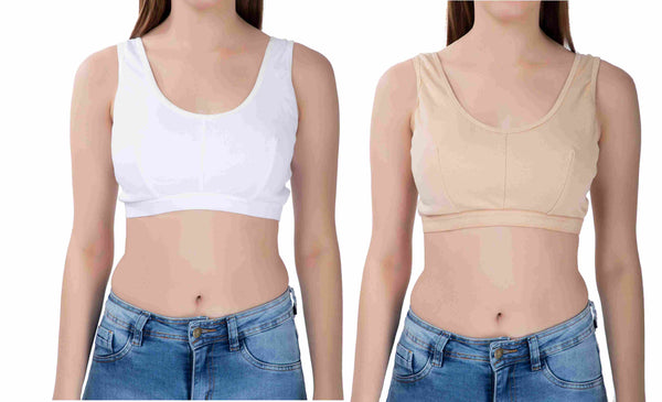 FEMULA Sindhu High Coverage, Low Impact, Non-Padded, Stretch Cotton Sports Vest Bra for Girls & Women ( 1Pc each of Beige & White  Colour )