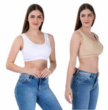 FEMULA Sindhu High Coverage, Low Impact, Non-Padded, Stretch Cotton Sports Vest Bra for Girls & Women ( 1Pc each of Beige & White  Colour )