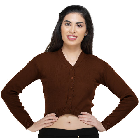 FEMULA V- Neck Women Full Sleeves Stitched Ready to Wear Woolen Blouse ( Dark Brown )