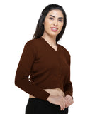 FEMULA V- Neck Women Full Sleeves Stitched Ready to Wear Woolen Blouse ( Dark Brown )