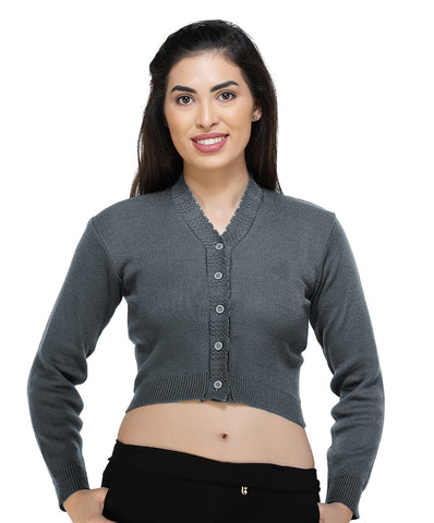FEMULA V- Neck Women Full Sleeves Stitched Ready to Wear Woolen Blouse ( Steel Grey )