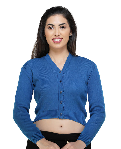 FEMULA V- Neck Women Full Sleeves Stitched Ready to Wear Woolen Blouse ( Basic Blue )