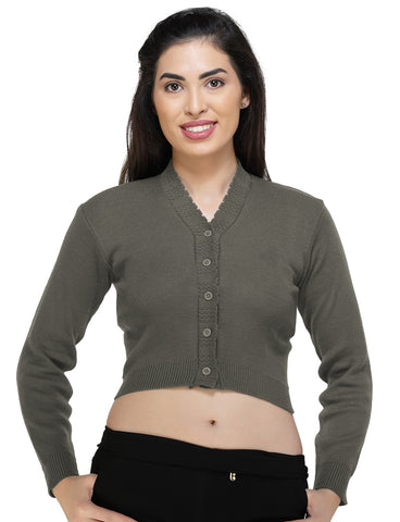 FEMULA V- Neck Women Full Sleeves Stitched Ready to Wear Woolen Blouse ( Dirty Grey )