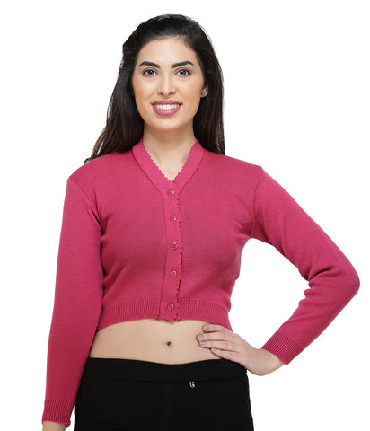 FEMULA V- Neck Women Full Sleeves Stitched Ready to Wear Woolen Blouse ( Fuschia Pink )