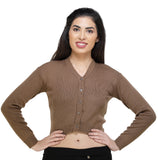 FEMULA V- Neck Women Full Sleeves Stitched Ready to Wear Woolen Blouse ( Mouse Brown )