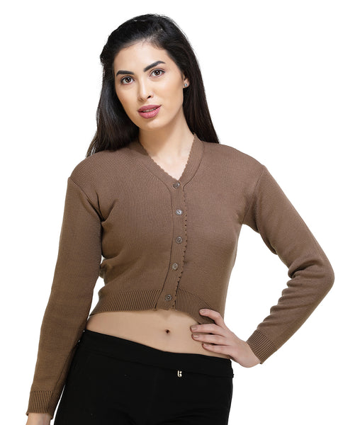 FEMULA V- Neck Women Full Sleeves Stitched Ready to Wear Woolen Blouse ( Mouse Brown )