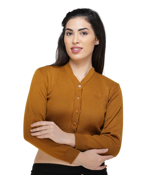 FEMULA V- Neck Women Full Sleeves Stitched Ready to Wear Woolen Blouse ( Mustard Brown )