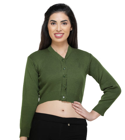 FEMULA V- Neck Women Full Sleeves Stitched Ready to Wear Woolen Blouse ( Olive Green )