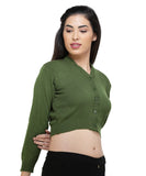 FEMULA V- Neck Women Full Sleeves Stitched Ready to Wear Woolen Blouse ( Olive Green )