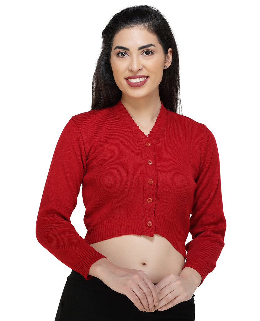 FEMULA V- Neck Women Full Sleeves Stitched Ready to Wear Woolen Blouse (  Red )
