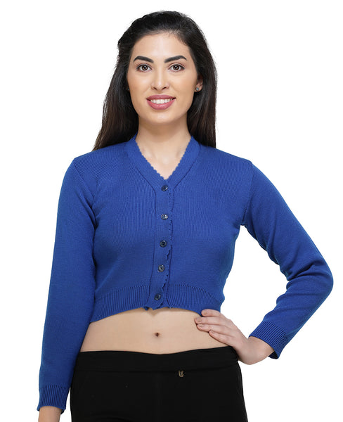 FEMULA V- Neck Women Full Sleeves Stitched Ready to Wear Woolen Blouse ( Royal Blue )