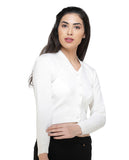 FEMULA V- Neck Women Full Sleeves Stitched Ready to Wear Woolen Blouse ( White )