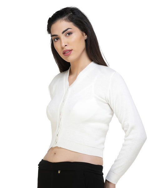 FEMULA V- Neck Women Full Sleeves Stitched Ready to Wear Woolen Blouse ( White )