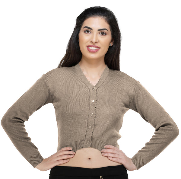 FEMULA V- Neck Women Full Sleeves Stitched Ready to Wear Woolen Blouse ( Greyish Brown )