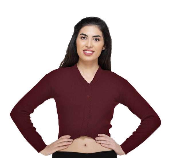 FEMULA V- Neck Women Full Sleeves Stitched Ready to Wear Woolen Blouse ( Burgandy )